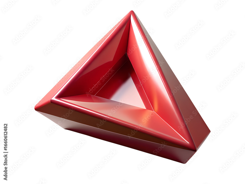 Fototapete 3d illustration of a shiny metallic red triangular shape with sharp edges and facets, isolated on tr