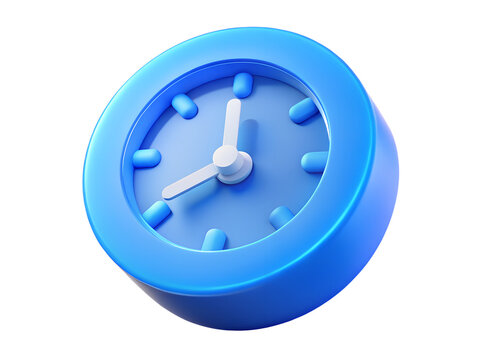 3d illustration of blue clock face with hands indicating time, symbolizing punctuality and measurement, isolated on transparent background