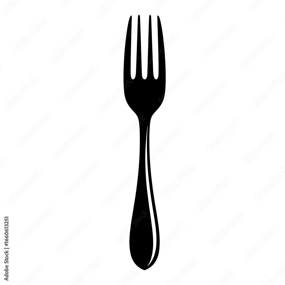 Poster isolated silhouette of a fork with three tines and a curved handle on a plain setting space area