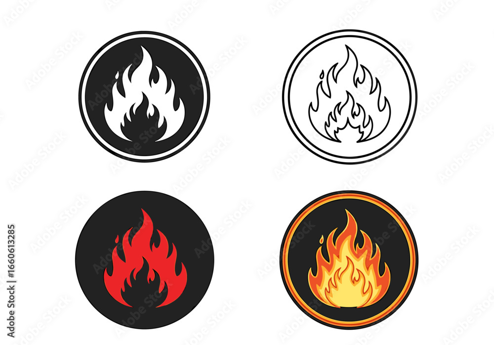 Poster four flame icons in circles with varying styles and representations displayed on a white plane