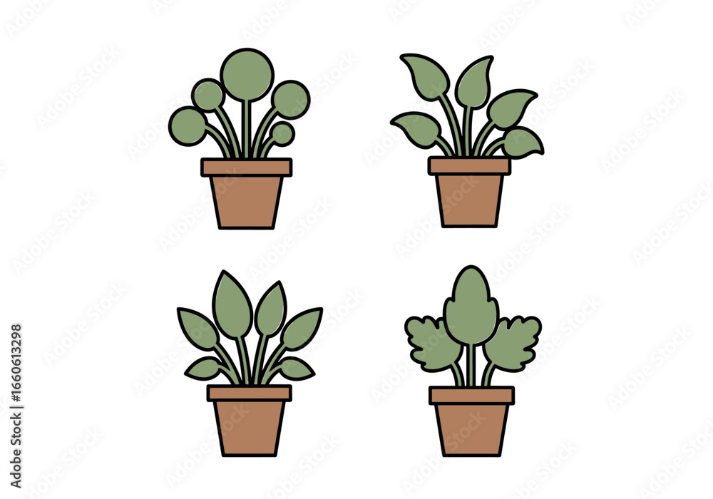 Poster four potted plants with different leaf shapes arranged in a square formation on a plain setting