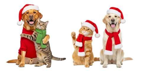 Christmas dogs and cats in Santa hats and scarves, labrador hugging a tabby cat and ginger cat raising a paw beside a seated golden retriever, front view, soft studio light, transparent background for