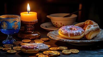 Illuminated treats and coins on a dark table