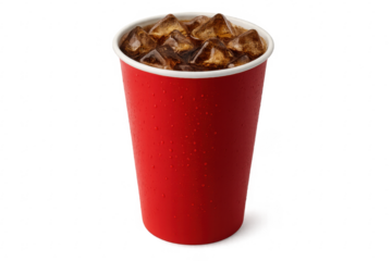Refreshing soda with ice in red paper cup on transparent background