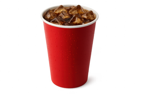 Refreshing soda with ice in red paper cup on transparent background