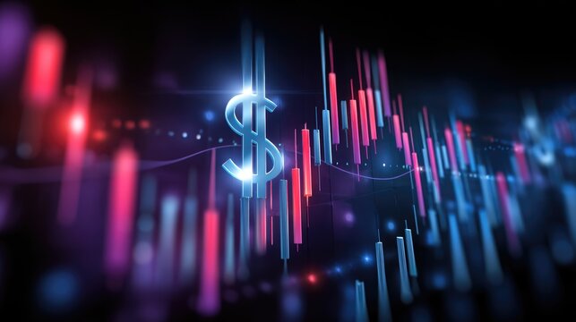 Shining dollar symbol floats above a dynamic digital financial market graph. Bright blue and red bar charts represent global economic trends and currency fluctuations. Abstract future investment data.