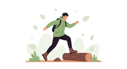 Fototapeta premium Man Crosses Log In Nature Adventure Illustration For Travel And Recreation