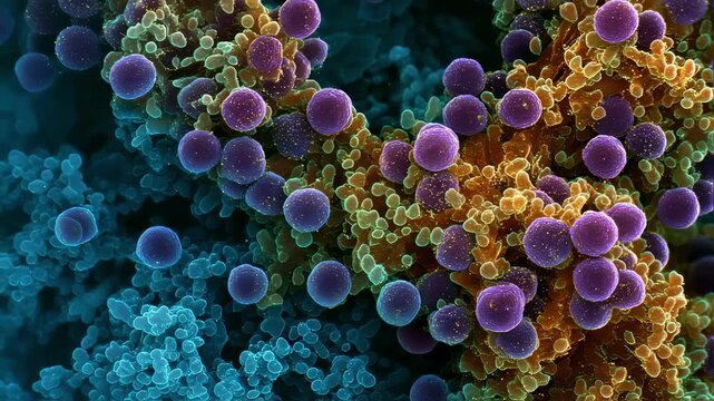 Bacteria densely clustering around healthy colon cells in medium shot focused microbes contrasted against outoffocus cells undergoing malignant transformation under study.