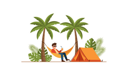 Man Enjoying Tropical Getaway Relaxing In Hammock With Drink Near Tent