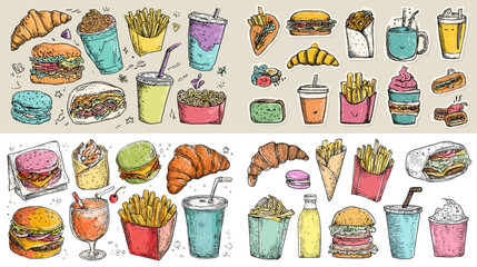 Hand-drawn illustration of delicious fast food items including burgers, fries, croissants, drinks, and desserts. Perfect for cafe branding, menu design, and food packaging.