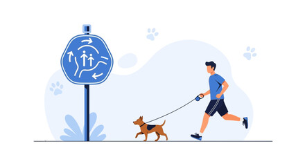 Man jogging with his dog on a designated path, vector illustration, design, flat style, sign with symbols, leisure outdoor activity