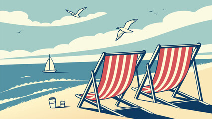 Hello Summer Minimal Flat Vector Illustration of Summer Beach Scene with Striped Deck Chairs, Seagull, Ocean Waves, Holiday and Vacation Background