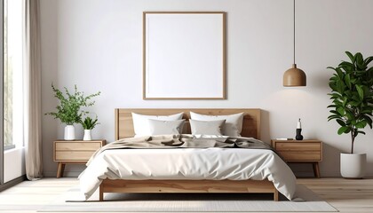 Minimalist bedroom with light wood bed, neutral bedding, and simple decor