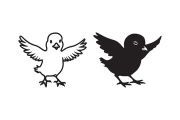 Two cute cartoon baby birds one white outline and one solid black with wings spread