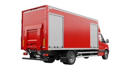 Red delivery truck with roll up doors for logistics and transport services on black background view side on transparent background