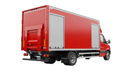 Red delivery truck with roll up doors for logistics and transport services on black background view side on transparent background