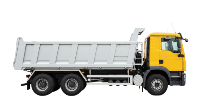 Yellow dump truck heavy machinery construction vehicle transportation equipment side view isolated on black background on transparent background