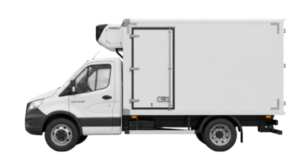 White refrigerated truck for frozen food delivery and transport logistics service vehicle for business needs on transparent background