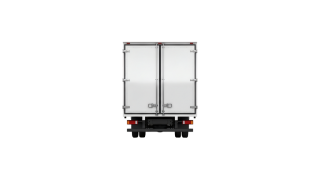 White truck rear view delivery vehicle transport logistics cargo van isolated black background shipping on transparent background