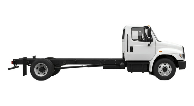 White cab chassis truck isolated on black background for commercial vehicle applications and construction needs on transparent background