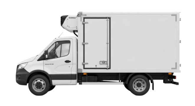 White refrigerated truck for frozen food delivery and transport logistics service vehicle for business needs on transparent background
