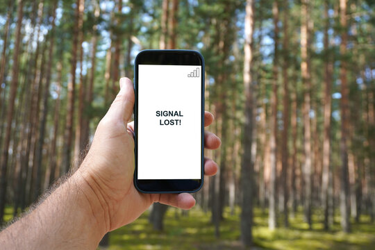 Hand holding smartphone with signal lost warning in forest