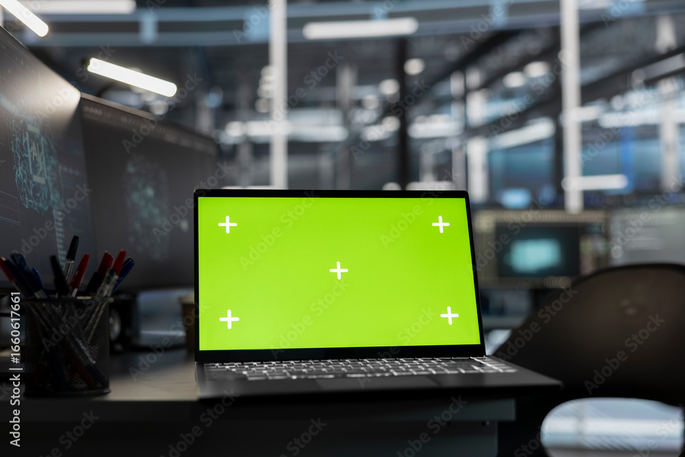 Aufkleber close up of isolated screen laptop on desk in data center overseeing supercomputers required for art