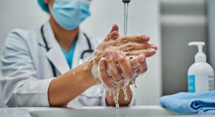 A healthcare professional wearing a mask and stethoscope meticulously washes their hands under running water with soap, creating a lather.