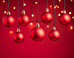 Red ornaments hang against a red background, illuminated by warm string lights