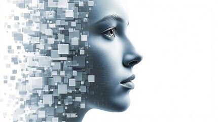 Futuristic AI digital human face dissolving into cubes, abstract artificial intelligence concept art, technology illustration of machine learning, data visualization and digital transformation design