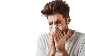 Young Man Sneezing into Tissue on Transparent Background