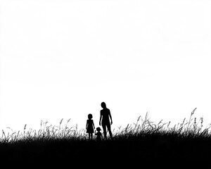 Silhouette of mother with children walking in a field of tall grass