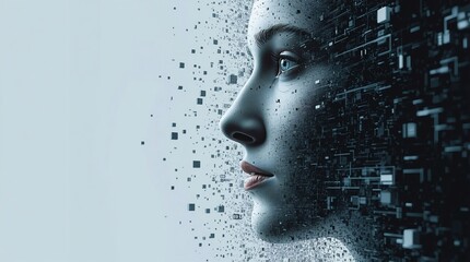 Artificial intelligence visualization with futuristic human profile face dissolving into digital particles, high tech concept of AI, machine learning, deep data processing and cyber future innovation
