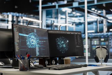 AI research workstation with monitors showing neural network visualizations and code analysis...