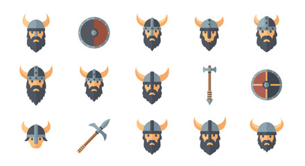 Collection of Flat Design Viking Warrior Heads and Medieval Weapon Icons on White Background