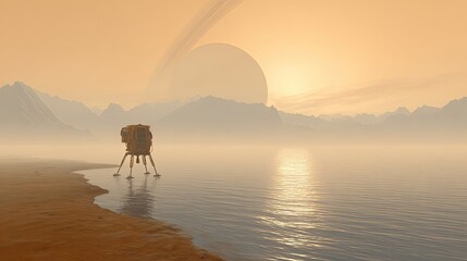 A Solitary Spaceship On An Alien Shore Under An Orange Sunset