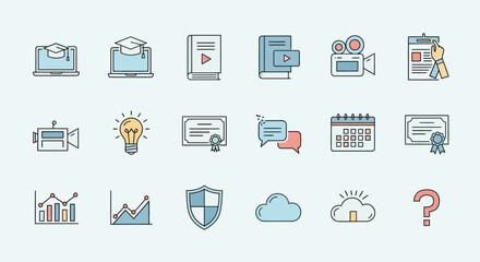 Comprehensive collection of modern education, business, and technology line icons for online learning, digital solutions
