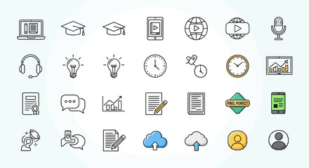 Fototapeta premium Digital learning, online education, business analytics, and communication technology line icons set