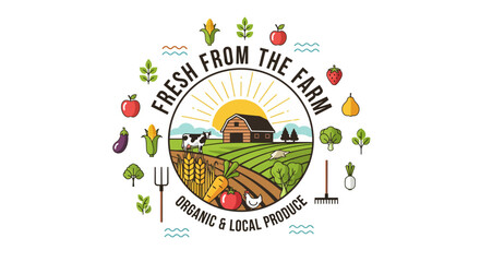 Fresh Organic Local Produce Farm Emblem with Barn, Livestock, and Assorted Fruits and Vegetables