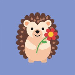 A cute cartoon-style hedgehog stands with a red and yellow flower against a light blue background in a clean and simple illustration.