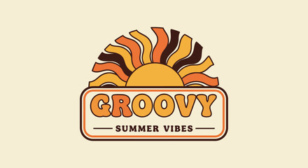 Retro Groovy Summer Vibes Design with Sun Rays and Vintage Typography for Warm Season Graphics and Nostalgic Themes