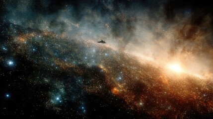 Fototapeta premium A Spacecraft Explores A Colorful Nebula In The Vast Cosmos. A Detailed Digital Painting Of A Starship Through A Colorful Cosmic Landscape. Futuristic