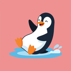 A cartoon penguin is sliding in water, with its mouth open, and wearing a smile, and set against a light red backdrop.