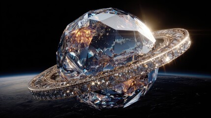 Fototapeta premium A Sparkling Celestial Body With Orbits Of Light In Space A Detailed 3D Rendering Of A Planet With Sparkling Rings, Geometric Facets, And A Glittering