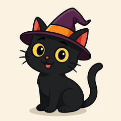 Cute black cat in witch hat illustration. Kitty cartoon character. Halloween vector art