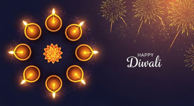 Happy diwali festival of lights with glowing diyas arranged in a circle and fireworks, a traditional hindu celebration of prosperity and joy