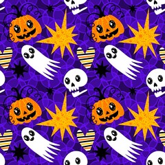 Autumn harvest vegetable seamless monster Halloween pumpkins pattern for wrapping paper and fabrics