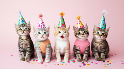 Happy baby cats wearing party hats and colorful outfits on a solid color background with confetti