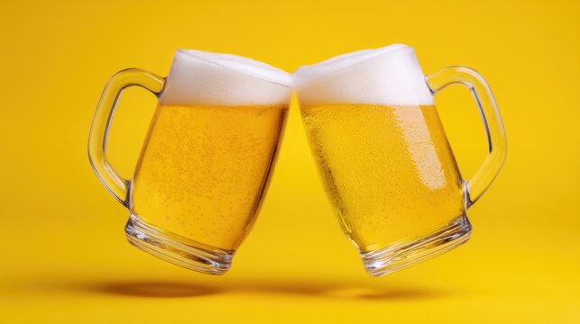 Two frosty mugs filled with golden beer and frothy foam are joyfully clinking together, symbolizing celebration and the spirit of national beer lover’s day - Powered by Adobe