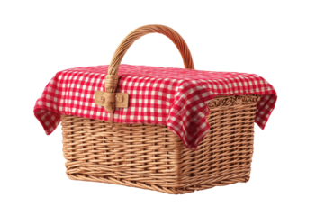 Rectangular wicker picnic basket, covered with a red and white checkered cloth